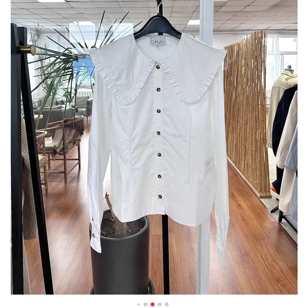 Ganni White Ruffled Collar Blouse